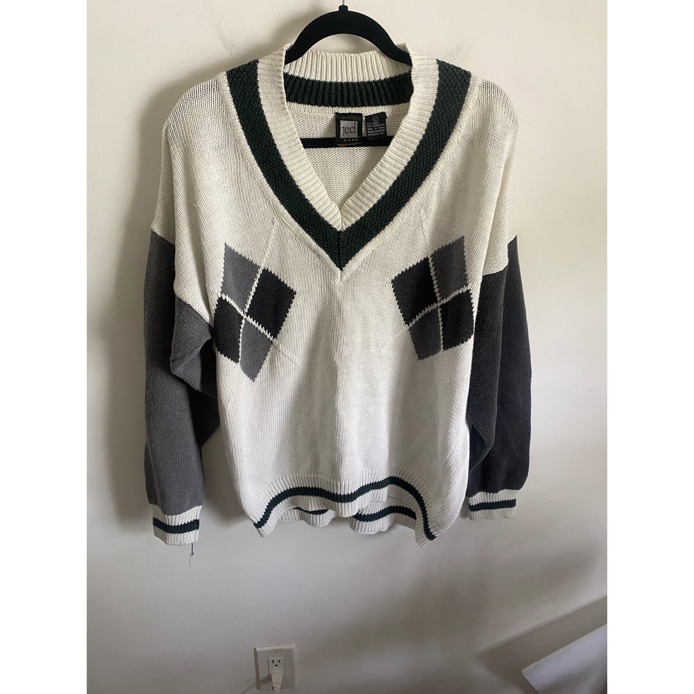 Jed Wear Mens Argyle V-Neck Sweater Cream Grey Colorblock Ramie Cotton Size L